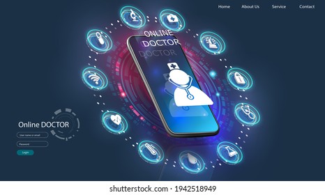 Online tele medicine isometric concept. Medical consultation and treatment via application of smartphone connected internet clinic.