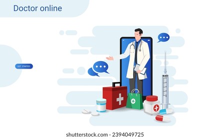 Online telemedicine with pharmacy, first aid kit and other medical equipment. Doctor online, Ask a doctor, online medical consultation, Medicine Ordering Mobile App. 3d vector illustration