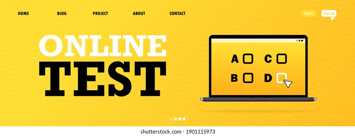 Online test banner. Online exam computer web app. Home education. Distance exams. Questionnaire form, online education survey. Online exam test with laptop.