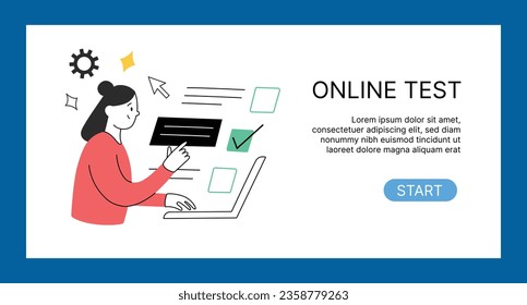 Online test banner, start testing button, internet exam, ui layout page, web page with vector illustration, school testing, educational or psychological testing, good for website interface