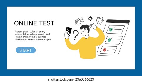 Online-Testbanner, Start-Testknopf, Internet-Prüfung auf Layoutseite, Webseite mit Vektorgrafik, Jungen-Denken, richtige Antwort, Schultests, gut für Website-Schnittstelle, App