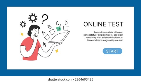 Online test banner, start testing button, internet exam ui layout page, web page with vector illustration, girl thinking over difficult question, choosing right answer on laptop, school tests
