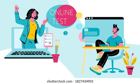 Online test banner template for distance courses and training, flat vector illustration. Online exam and remote test concept for internet schooling and e-learning with cartoon people characters.