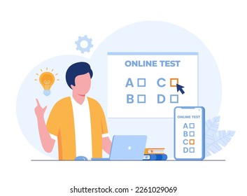 Online-Test und -Prüfung der Antworten, Prüfung, Test, Test, Studententest, Mitarbeiter, Fragebogen, flacher Vektorgrafik-Banner
