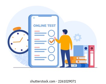 Prueba en línea y verificación de respuestas, examen, prueba, prueba de estudiantes, empleado, cuestionario, banner de ilustración de vector plano