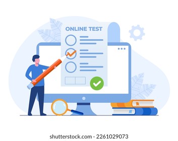 Prueba en línea y verificación de respuestas, examen, prueba, prueba de estudiantes, empleado, cuestionario, banner de ilustración de vector plano