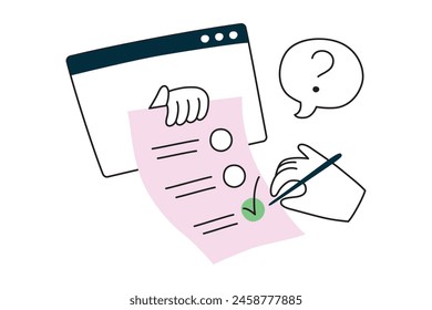 Online test composition, computer screen with hand holding paper, checkmarks icons, vector illustration of choosing right answer, exam on internet, school or college education, marking correct answer