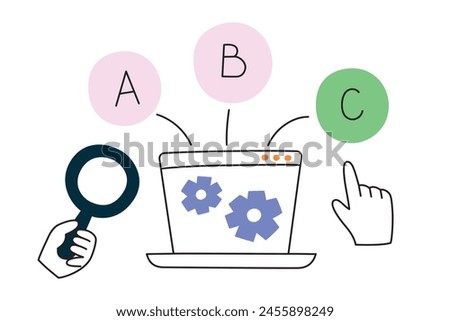 Online test composition, laptop screen with checkmarks icons, vector illustration of choosing right answer, taking exam on computer, school or college education, choice in questionnaire