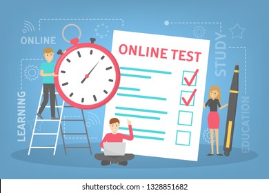 Online test concept. Quiz on the computer. Education and learning with digital device. Vector illustration in cartoon style