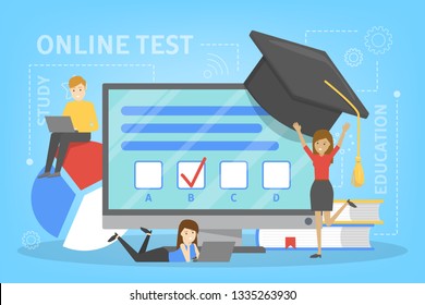 Online test concept. Quiz on the computer. Education and learning with digital device. Vector illustration in cartoon style
