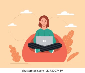 Online test concept. Woman with laptop sits in lotus position. Young girl preparing for test or examination, doing her homework. Internet and distance education. Cartoon flat vector illustration