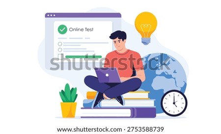 Online test and e learning concept student studying on laptop with books education technology exam preparation vector illustration