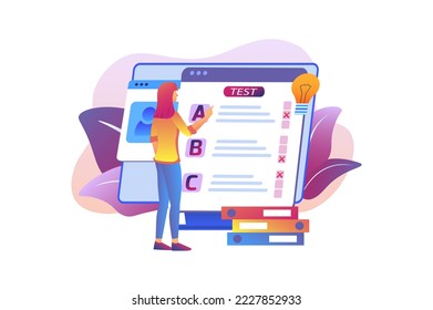 La educación de prueba en línea viola el concepto de gradiente con la escena de la gente en el diseño de dibujos animados planos. Estudiante hace una prueba en línea para mejorar su conocimiento. Ilustración vectorial.