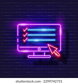 Online test, e-learning, online education icon. Neon glowing vector illustration