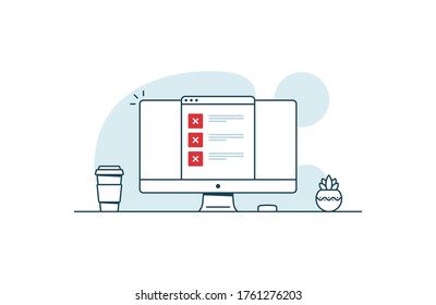 Online test with a lot of errors. Workspace with computer, coffee cup, plant and browser with test. Vector illustration in line art style