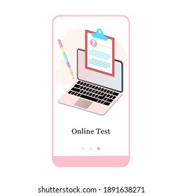 Online test, exam, exercise, quiz, final test mobile app onboarding screen. Menu vector banner template for interface UX, UI GUI screen mobile development. Website design 3D isometric illustration. 