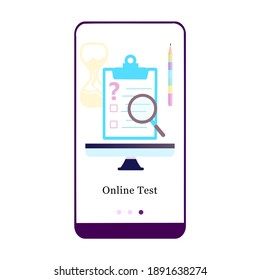 Online test, exam, exercise, quiz, final test mobile app onboarding screen. Menu vector banner template for interface UX, UI GUI screen mobile development. Website design 3D isometric illustration. 