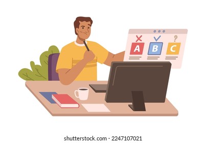 Online test or examination of knowledge. Isolated man thinking on questions of survey or questionnaire. Male by comper with pen. Flat cartoon character vector