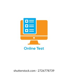 Icono de prueba en línea con un monitor de computadora naranja con una lista de verificación azul para exámenes digitales, evaluaciones educativas y cuestionarios.
