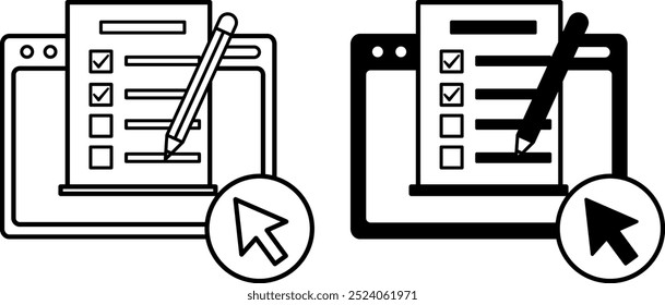 Online Test Icons. Black and White Vector Icons. Website, Test Questions, and Computer Mouse Cursor. Distance Learning, Online School, E-Learning, Exam. Online Education Concept