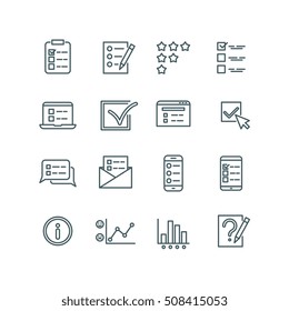 Online test, internet quiz, questionnaire, survey, exam, quizzes thin line vector icons. Linear checklist for feedback, stats list illustration