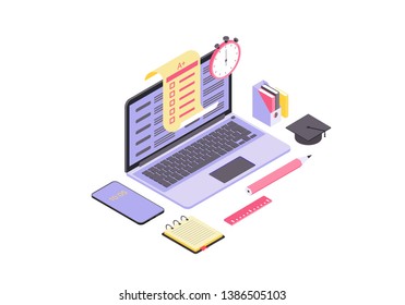 Online test isometric color vector illustration. Student examination, knowledge check infographic. Computer display with exam forms. Language proficiency test isolated 3d concept. Distance education