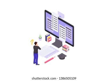 Online test isometric color vector illustration. Student examination infographic. Computer display with exam blanks, forms. E learning 3d concept. Remote, distance education. Isolated design element