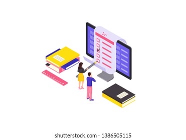 Online test isometric color vector illustration. Examination, homework, questionnaire form infographic. Students completing exam. E learning, classes, courses 3d concept. Online graduate school