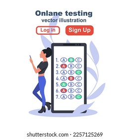 Online test landing page. Woman pass online, on a smartphone. Online form survey, questionnaire. Choosing answer. Landing page web learning. Vector illustration design.