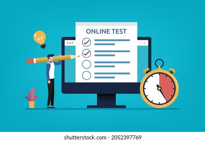 Online test, man fill in on monitor via internet vector illustration