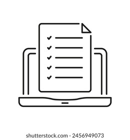 Online Test On Laptop Line Icon. Computer With Checklist Linear Pictogram. Survey Check List, Questionnaire Outline Symbol. Application Form Sign. Editable Stroke. Isolated Vector Illustration.
