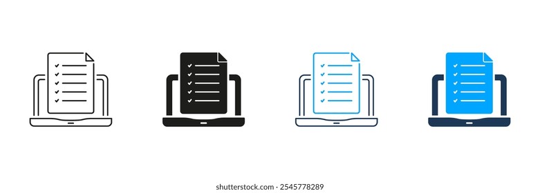 Teste on-line na linha do laptop e conjunto de ícones de silhueta. Computador Com Pictograma De Lista De Verificação. Lista De Verificação Da Pesquisa, Símbolo Do Questionário. Sinal de formulário de aplicativo. Traço editável. Ilustração de vetor isolada.