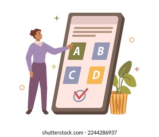 Online test on smartphone, isolated female personage with phone passing questions and choosing correct answer. Exam or education control. Flat cartoon character, vector illustration