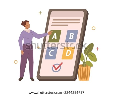 Online test on smartphone, isolated female personage with phone passing questions and choosing correct answer. Exam or education control. Flat cartoon character, vector illustration