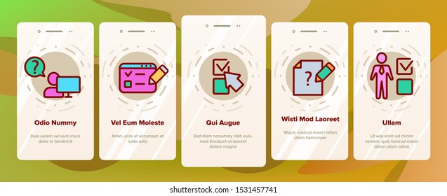 Online Test Onboarding Mobile App Page Screen Vector Thin Line. Survey And Questionnaire, Online Mobile Checklist, Poll And Vote Concept Linear Pictograms. Contour Illustrations