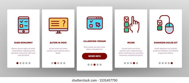 Online Test Onboarding Mobile App Page Screen Vector Thin Line. Survey And Questionnaire, Online Mobile Checklist, Poll And Vote Concept Linear Pictograms. Contour Illustrations