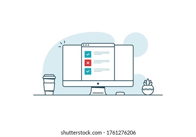 Online test with one error. Workspace with computer, coffee cup, plant and browser with online test. Vector illustration in line art style