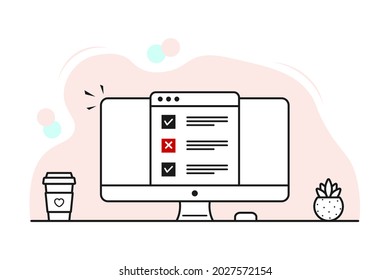 Online test with one error. Workspace with computer, plant, coffee cup and browser. Vector illustration in a flat linear style.