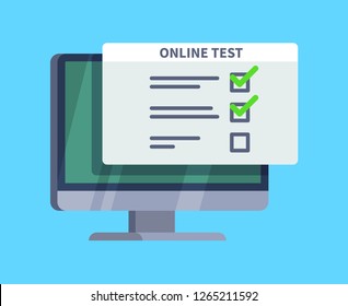 Online test. Questionnaire survey form on pc screen. Exam list, computer testing and online quiz vector illustration concept