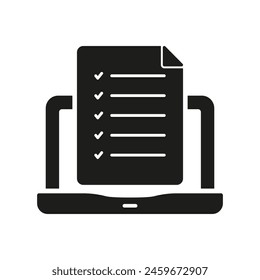 Online Test Silhouette Icon. Questionnaire On Laptop Glyph Pictogram. Application Form. Computer With Checklist Solid Sign. Survey Check List Symbol. Isolated Vector Illustration.