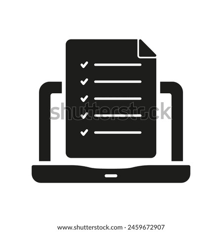 Online Test Silhouette Icon. Questionnaire On Laptop Glyph Pictogram. Application Form. Computer With Checklist Solid Sign. Survey Check List Symbol. Isolated Vector Illustration.