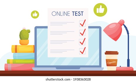 Online test with thumbs up icons. Workplace illustration. Vector illustration. 