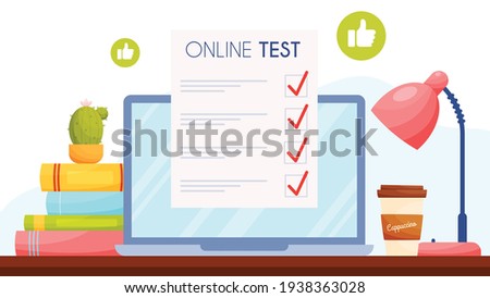 Online test with thumbs up icons. Workplace illustration. Vector illustration. 