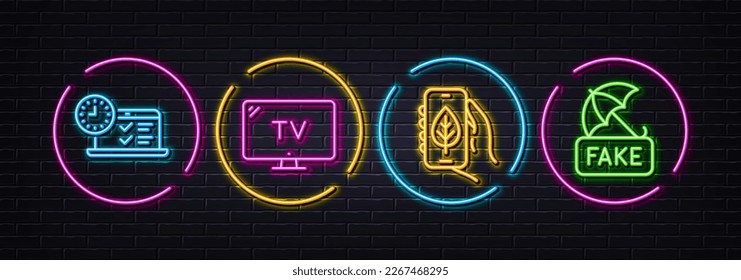 Online test, Tv and Ecology app minimal line icons. Neon laser 3d lights. Fake news icons. For web, application, printing. Examination, Television, Smartphone with leaf. Umbrella secure. Vector