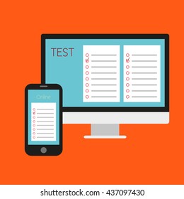 Online Test. Vector Illustration
Computer Online Test And The Cellphone With The Questionnaire. Flat Design