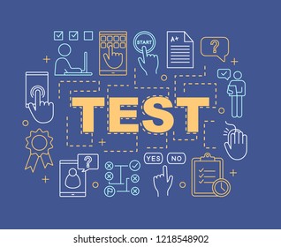 Online test word concepts banner. Exam, examination. Presentation, website. Elearning. Educational testing. Task solving. Isolated lettering typography with linear icons. Vector outline illustration