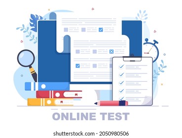 Online Testing Background Vector Illustration With Checklist, Taking Exam, Choosing Answer, Form, E-learning and Education Concept 