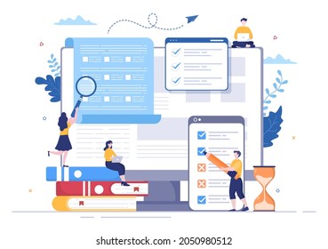 Online Testing Background Vector Illustration With Checklist, Taking Exam, Choosing Answer, Form, E-learning and Education Concept 