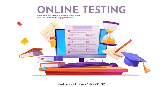 Online testing banner. Concept of e-learning, examination on computer. Vector illustration of monitor with checklist form for exam, survey or quiz, books and hourglass