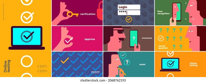 Online testing. Check. Big set. Collection of vector illustrations. Simple, flat design. Patterns and backgrounds. Perfect for poster, cover, banner.